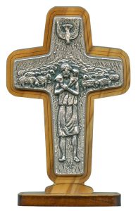 Good Shepherd/ Pope Francis Crucifix with Base Olive Wood cm.8.5x 5.6 - 3 1/2"x 2 1/4"