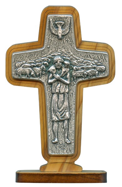 Good Shepherd/ Pope Francis Crucifix with Base Olive Wood cm.8.5x 5.6 - 3 1/2"x 2 1/4"