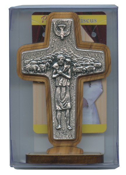 Good Shepherd/ Pope Francis Crucifix with Base Olive Wood cm.8.5x 5.6 - 3 1/2"x 2 1/4"