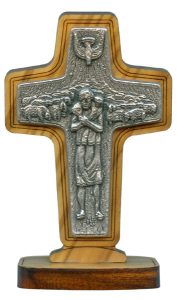 Good Shepherd/ Pope Francis Crucifix with Base Olive Wood cm.8.5x 5.6 - 3 1/2