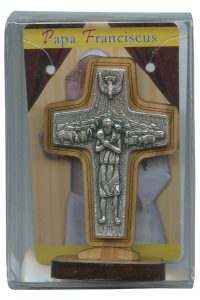 Good Shepherd/ Pope Francis Crucifix with Base Olive Wood cm.8.5x 5.6 - 3 1/2