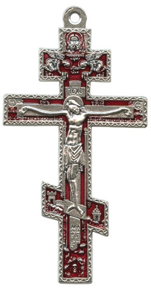 Orthodox Oxidized Metal Crucifix with Red Enamel cm.8.5 - 3 1/2"