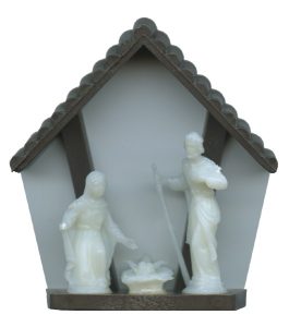 Brown Plastic Stable with Luminous Holy Family cm.6- 2 1/4