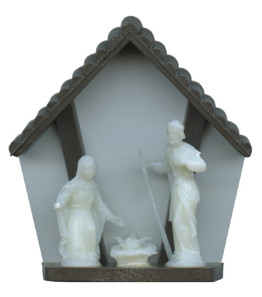 Brown Plastic Stable with Luminous Holy Family cm.6- 2 1/4"