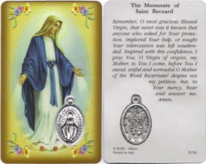 Memorare of St.Bernard Prayer Card with Medal cm.8.5 x 5 - 3 1/4" x 2"