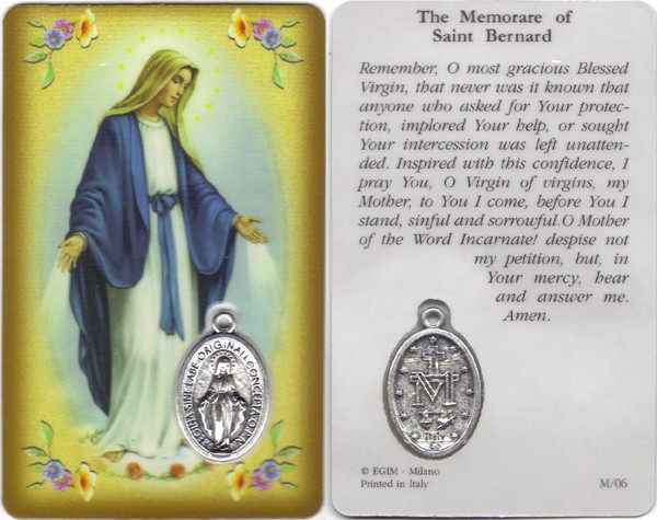 Memorare of St.Bernard Prayer Card with Medal cm.8.5 x 5 - 3 1/4" x 2"