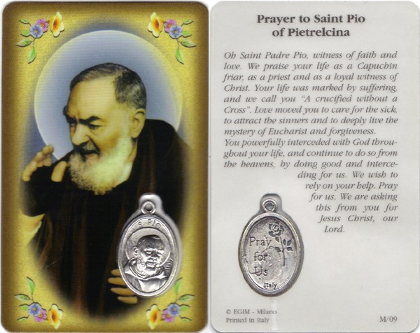 Padre Pio Prayer Card with Medal cm.8.5 x 5 - 3 1/4" x 2"