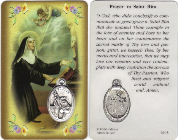 Prayer to/ St.Rita Prayer Card with Medal cm.8.5 x 5 - 3 1/4" x 2"