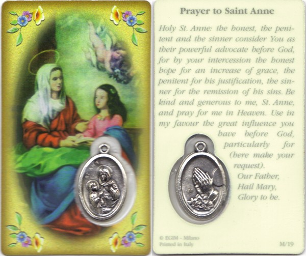 Prayer to/ St.Anne Prayer Card with Medal cm.8.5 x 5 - 3 1/4" x 2"