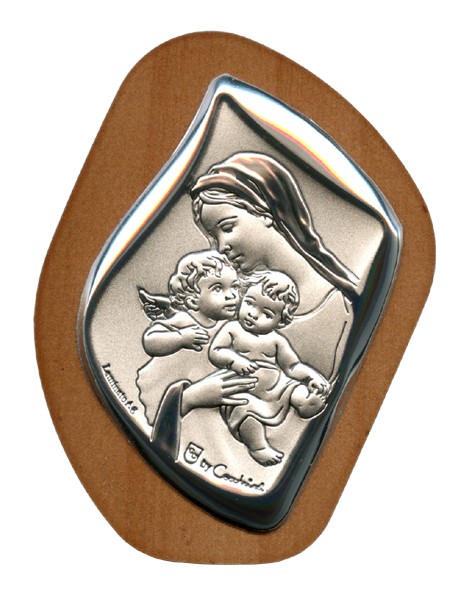 Mother and Child with Guardian Angel Silver Laminated Plaque cm.6.5x5 - 2 1/2"x2"