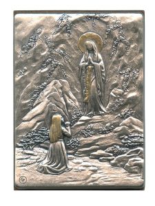 Lourdes and St.Bernadette Pewter Picture cm. 5.5x4.2- 2 1/8"x 1 1/2"
