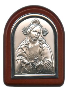 Sacred Heart of Jesus Plaque with Stand Brown Frame cm. 6x7- 2 1/4"x2 3/4"