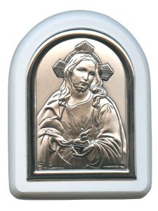 Sacred Heart of Jesus Plaque with Stand White Frame cm. 6x7- 2 1/4"x2 3/4"