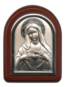 Immaculate Heart of Mary Plaque with Stand Brown Frame cm. 6x7- 2 1/4"x2 3/4"
