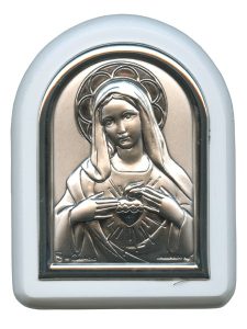Immaculate Heart of Mary Plaque with Stand White Frame cm. 6x7- 2 1/4"x2 3/4"