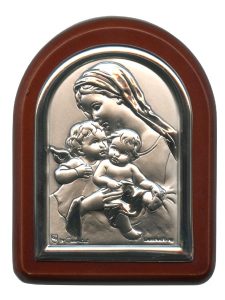 Mother and Child with Guardian Angel Plaque with Stand Brown Frame cm. 6x7- 2 1/4"x2 3/4"