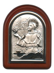 St.Francis with Guardian Angel Plaque with Stand Brown Frame cm. 6x7- 2 1/4"x2 3/4"