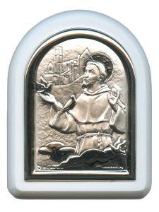 St.Francis with Guardian Angel Plaque with Stand White Frame cm. 6x7- 2 1/4"x2 3/4"