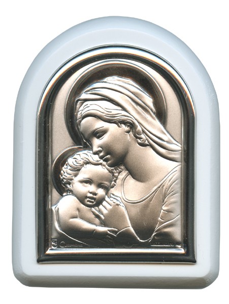 Mother and Child Plaque with Stand White Frame cm. 6x7- 2 1/4"x2 3/4"