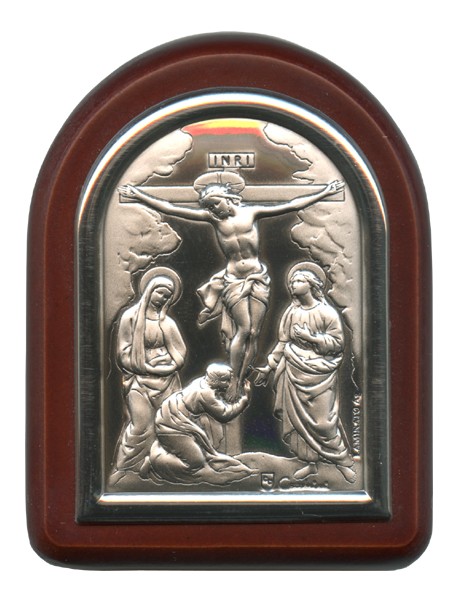 Crucifixion Plaque with Stand Brown Frame cm. 6x7- 2 1/4"x2 3/4"