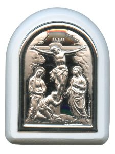 Crucifixion Plaque with Stand White Frame cm. 6x7- 2 1/4"x2 3/4"