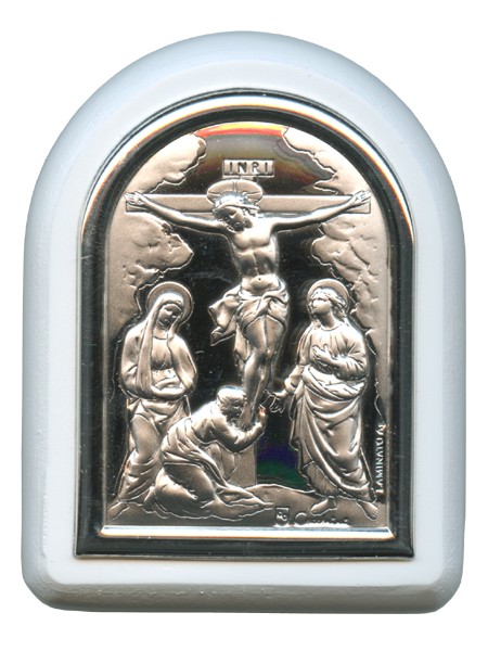 Crucifixion Plaque with Stand White Frame cm. 6x7- 2 1/4"x2 3/4"
