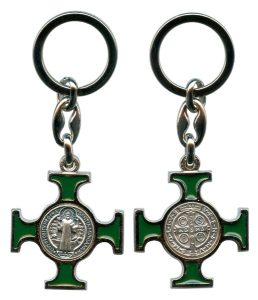 St.Benedict Silver with Emerald Enamel Keychain cm.4.5- 1 3/4"