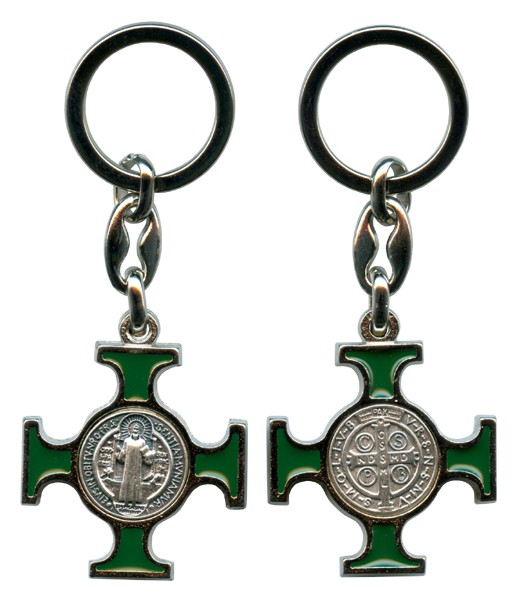 St.Benedict Silver with Emerald Enamel Keychain cm.4.5- 1 3/4"
