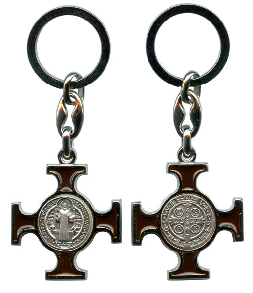 St.Benedict Silver with Brown Enamel Keychain cm.4.5- 1 3/4"