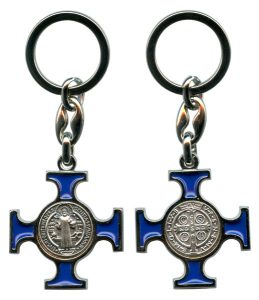 St.Benedict Silver with Blue Enamel Keychain cm.4.5- 1 3/4"