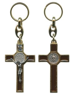 St.Benedict Gold with Brown Enamel Crucifix Keychain cm5.5- 2"