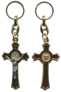 St.Benedict Gold with Brown Enamel Crucifix Keychain cm5.5- 2"