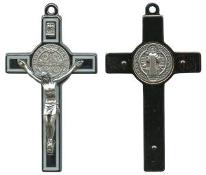 St.Benedict Metal Crucifix Rhodium Finish White cm.8- 3"