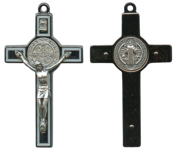 St.Benedict Metal Crucifix Rhodium Finish White cm.8- 3"