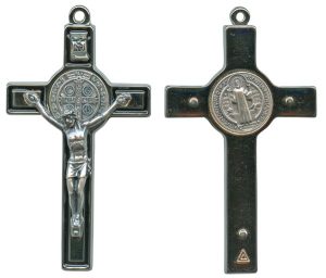 St.Benedict Metal Crucifix Rhodium Finish Black cm.8- 3"