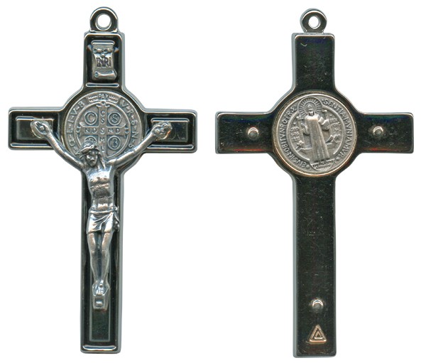 St.Benedict Metal Crucifix Rhodium Finish Black cm.8- 3"