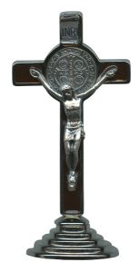 St.Benedict Crucifix Enamelled Rhodium Finish with Base cm.9 - 3 1/2"
