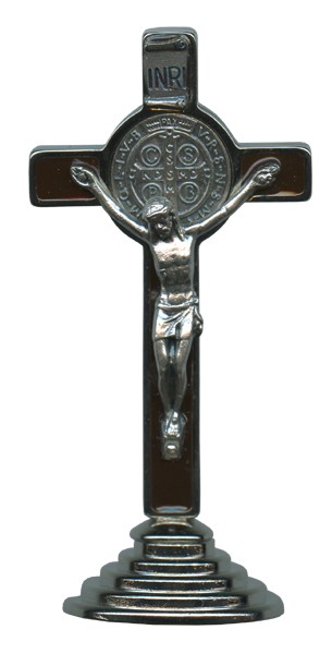 St.Benedict Crucifix Enamelled Rhodium Finish with Base cm.9 - 3 1/2"