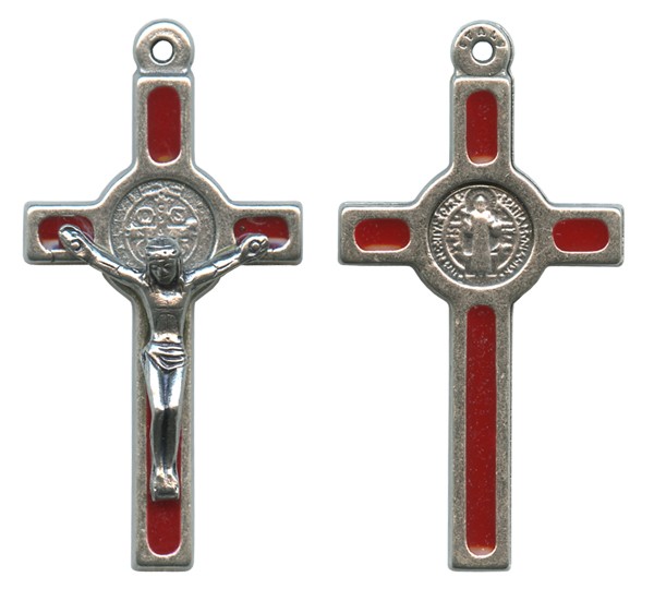 St.Benedict Mignon Metal Crucifix Red Silver Plated cm.2.5- 1"