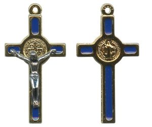 St.Benedict Mignon Metal Crucifix Blue Gold Plated cm.2.5- 1"