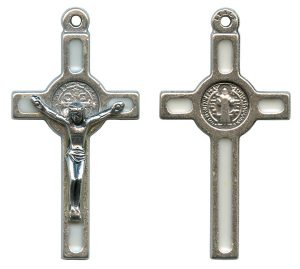 St.Benedict Mignon Metal Crucifix White Silver Plated cm.2.5- 1"