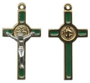 St.Benedict Mignon Metal Crucifix Green Gold Plated cm.2.5- 1"