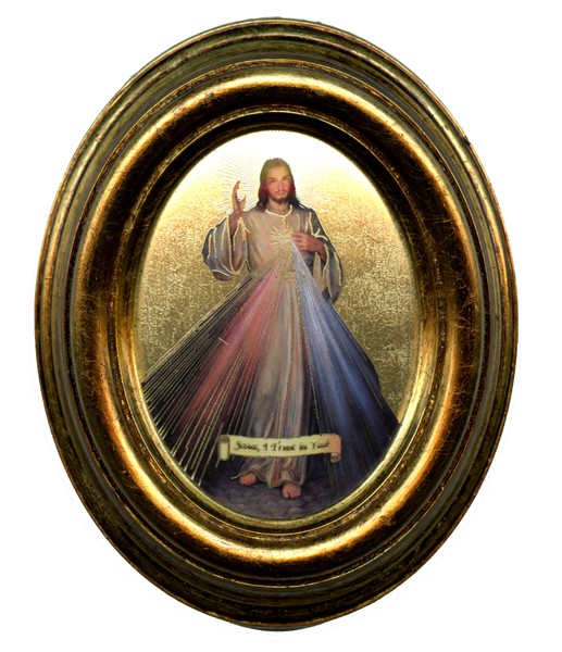 English Divine Mercy Gold Leaf Oval Picture cm.12.5x10.5- 5"x4 1/4"