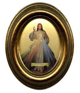 French Divine Mercy Gold Leaf Oval Picture cm.12.5x10.5- 5"x4 1/4"