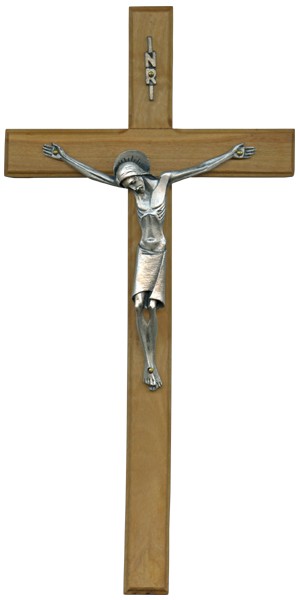 Olive Wood Crucifix Silver Plated Corpus cm.25- 9 3/4"