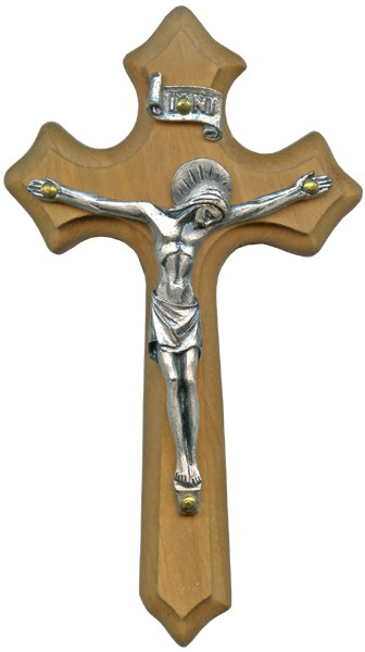 Olive Wood Crucifix Silver Plated Corpus cm.10- 4"