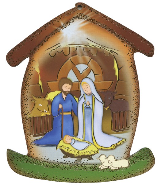 Nativity House Plaque- Christmas Tree Ornament cm.10.5x12.5- 4"x5"