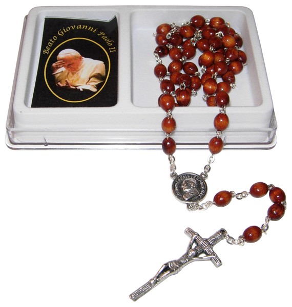  Pope John Paul II Wood Rosary mm.7x8 Simple Link Natural (1555-01)