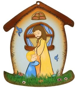 Jesus and Child House Shaped Plaque cm.10.5x12.5 - 4"x5"