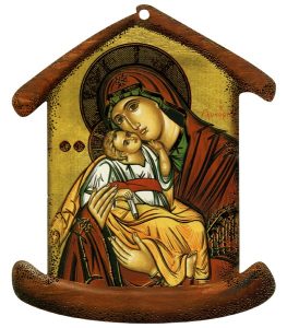 Icon Mother and Child House Shaped Plaque cm.10.5x12.5 - 4"x5"